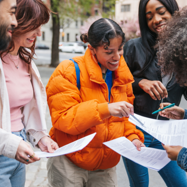 A diverse group of five individuals are gathered outdoors, engrossed in a lively discussion. They are holding and reviewing papers, with one woman in an orange jacket taking notes using a pen. The group appears cheerful and engaged, sharing a moment of collaboration and camaraderie amidst a city backdrop with trees in bloom.