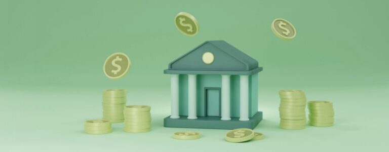 3D image representing a bank with gold coins surrounding it financial inclusion