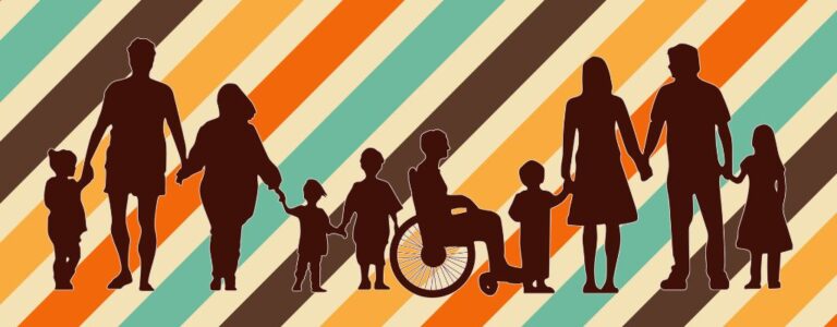A diverse group of individuals including people of different genders, ages, and abilities standing together in a row