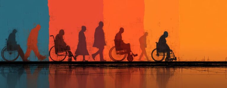 silhouette of disabled, wheel chair bound individuals against a colorful stripped background
