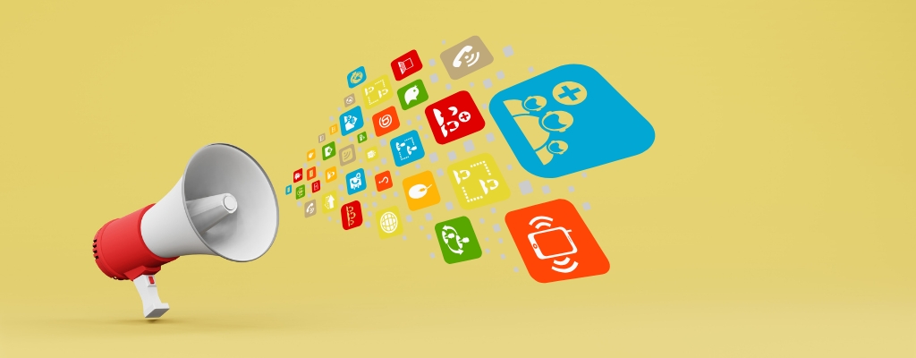 red and white bullhorn with multicolor communication icons