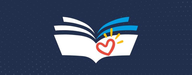 Graphic of a white book with light blue pages and a red heart with gold accents