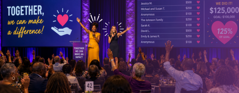 Nonprofit event attendees participating in a real-time giving campaign